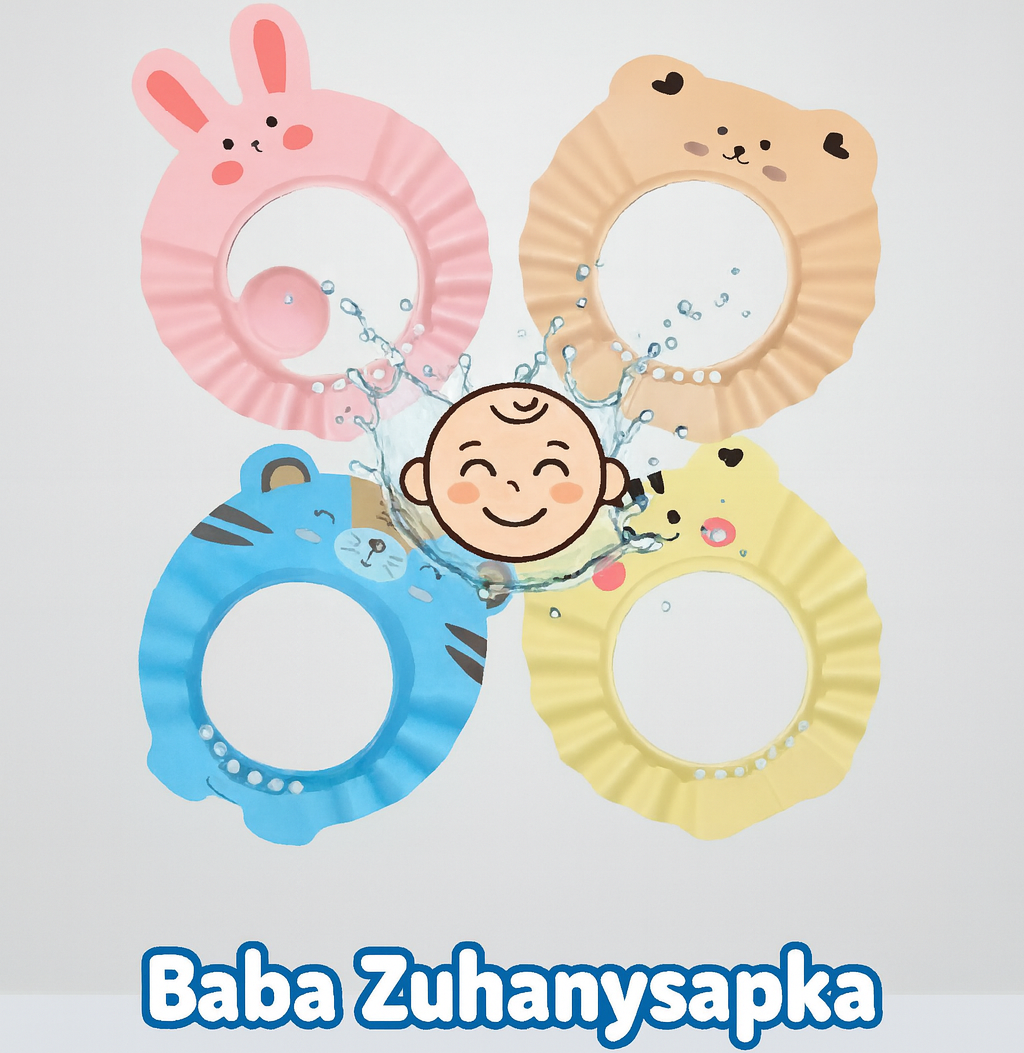 Színes, mackó és nyuszi mintás babafürdető fejvédő felfújható, állítható pántokkal