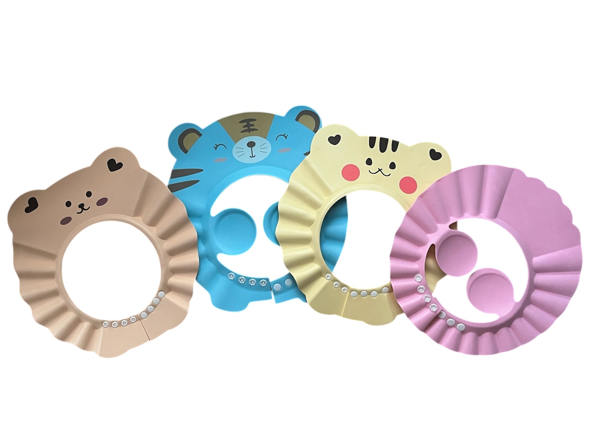 Négy aranyos állatfigurás, állítható gyerek fürdősapka, világosbarna, kék, sárga és rózsaszín színben