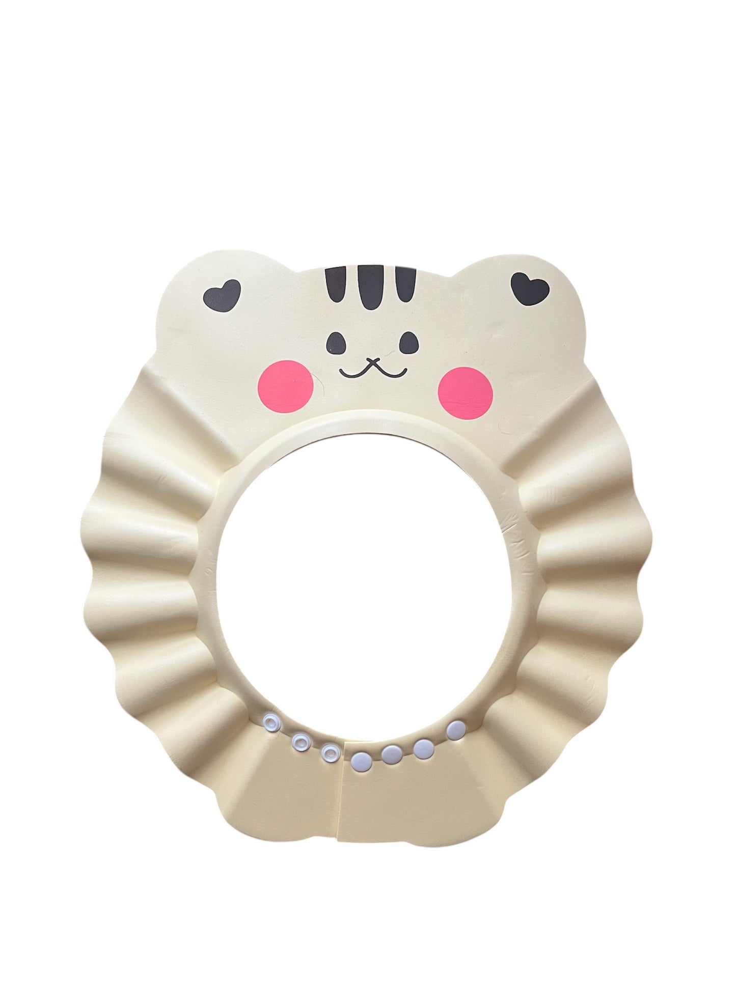 bézs műanyag gyerek fürdősapka macska arccal, rózsaszín pofikkal és állítható gombokkal