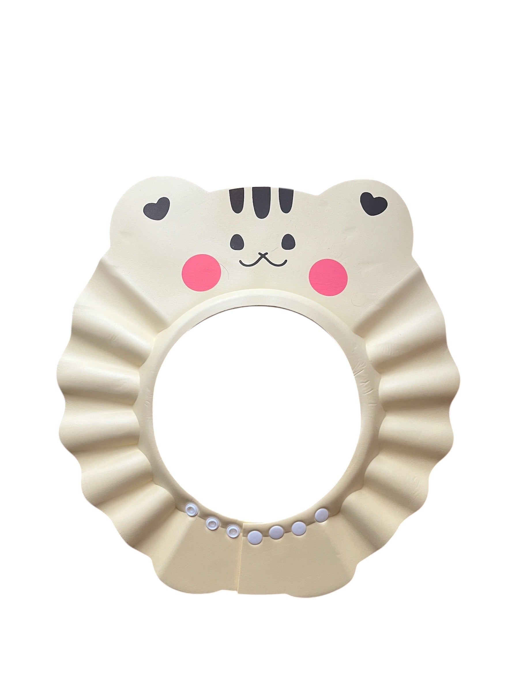 bézs baba samponvédő sapka aranyos cica arccal, állítható gombokkal