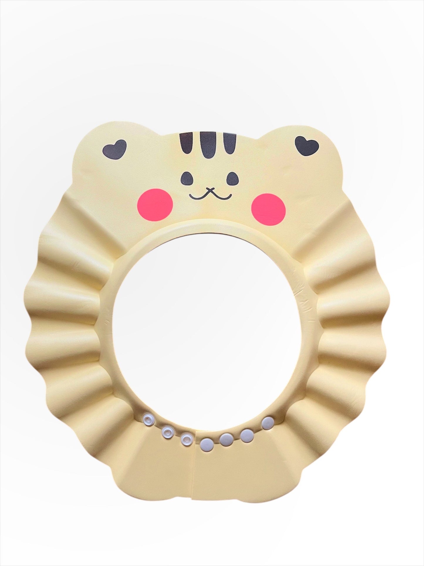 Sárga csecsemő fürdősapka, cicás arc mintával és állítható patentokkal